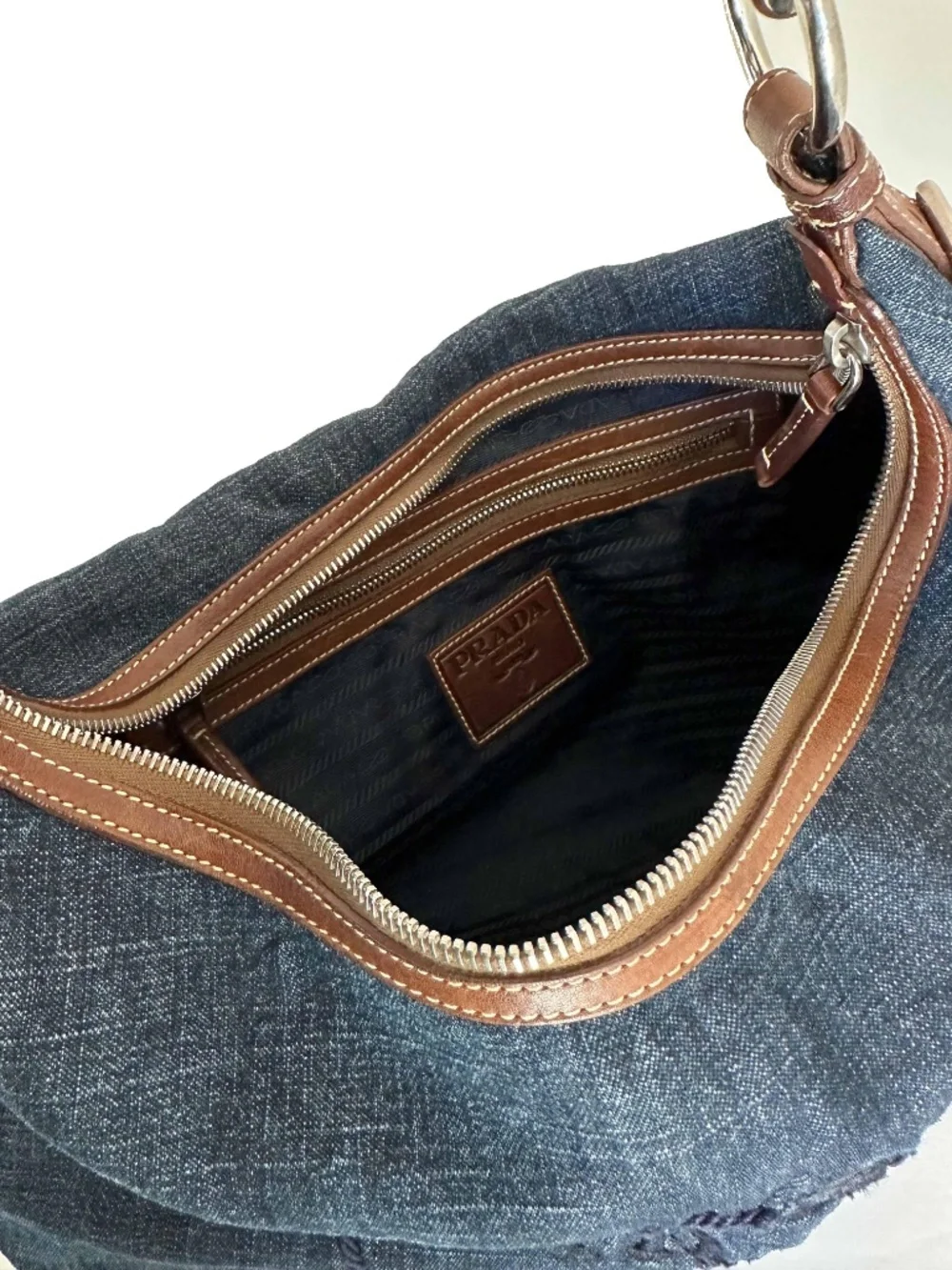 Vintage Prada Denim Hobo Bag 1990s | Embroidered Prada Milano Logo | Italy